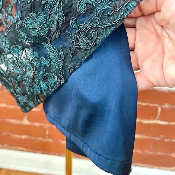 Theia Blue Party Dresss with Metallic Embroidered Black Net Overlay Bell Sleeve - Picture 9 of 13